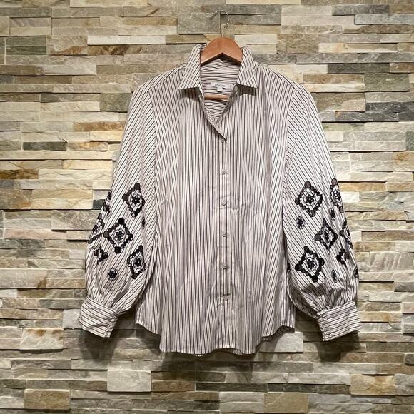 Chico’s 1.5 Embroidered Balloon Sleeve Shirt | US 10, Striped, Button Front - Picture 2 of 9